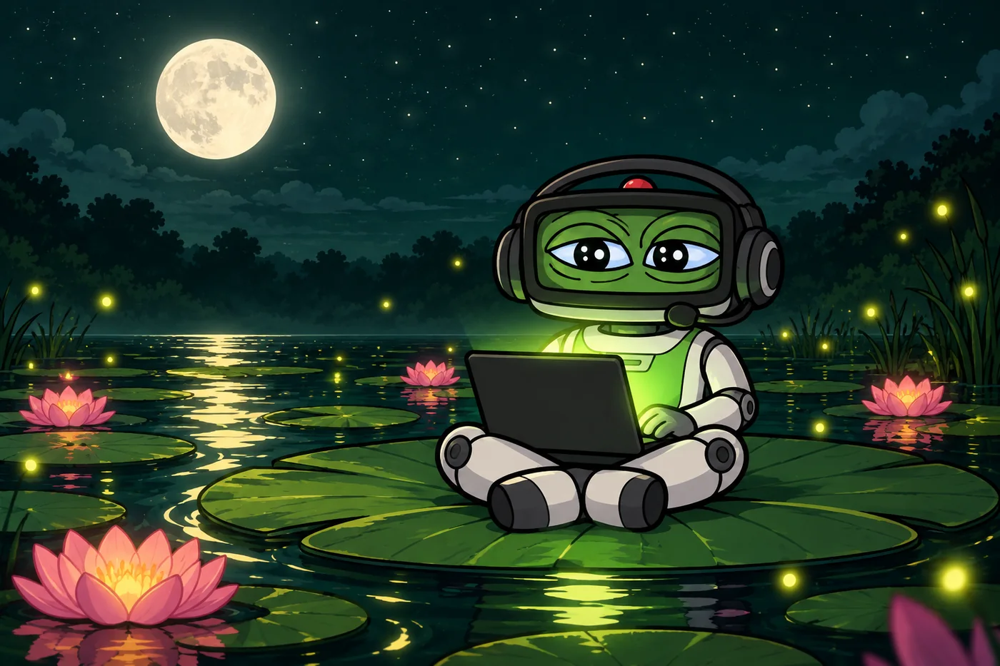 AutoPepe on a lily pad at night with a glowing laptop