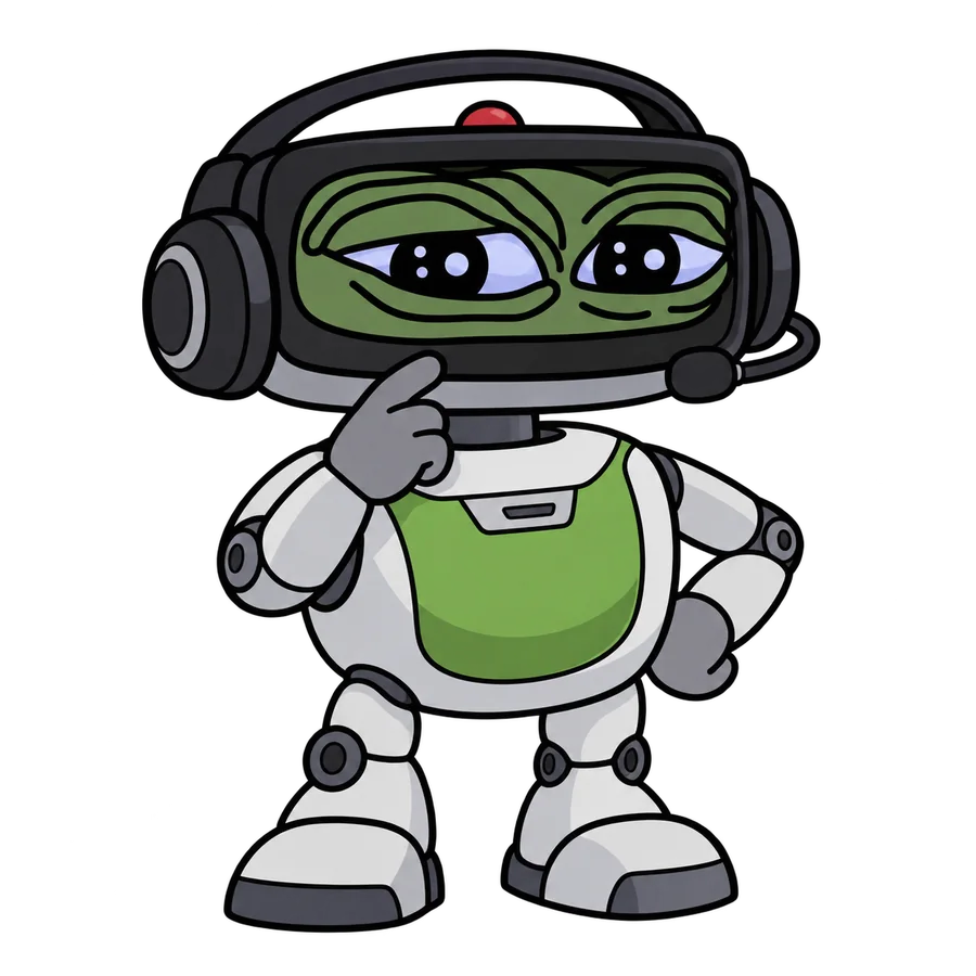 AutoPepe: a white robot with a screen for a face showing two droopy frog eyes, wearing a headset, hand on chin