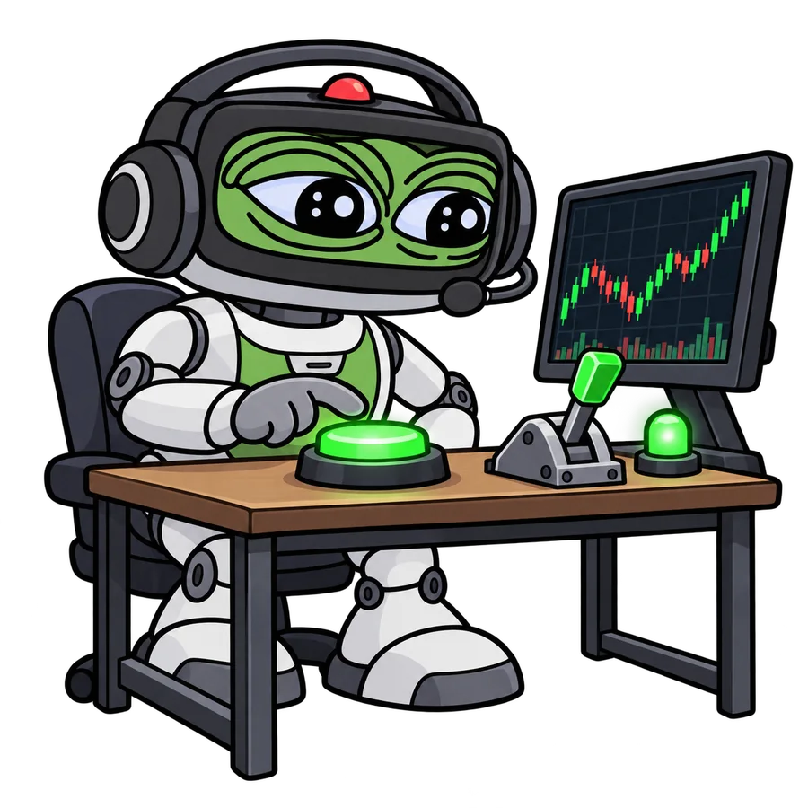 AutoPepe sitting upright at its desk, finger hovering over a green approve button